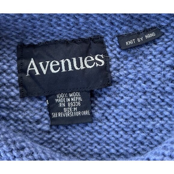 Avenue Hand Knit Wool Sweater Women's Size Med Thick Crew Neck Blue Colorblock - Picture 6 of 6